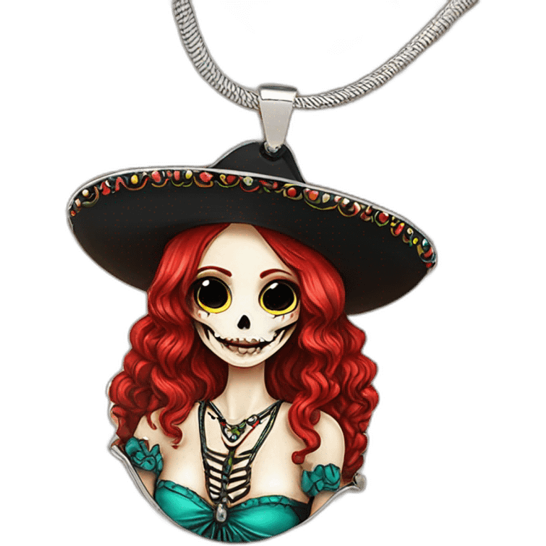 Skull girl mexican red hair Sombrero Necklace with pendant emoji