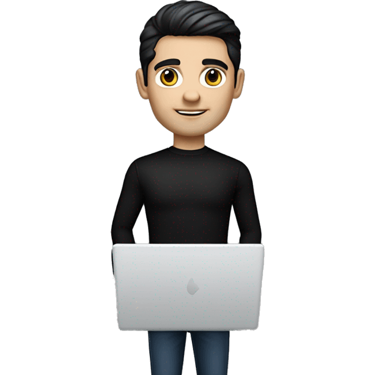 memoji of a confident male realtor with a laptop in front, apple-style, modern ,dark hair,black sweater,computer in hand,white skin, an avatar image gonna be round  emoji