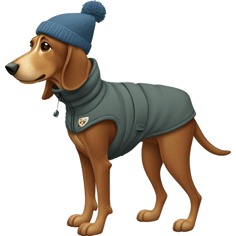 Brown hound on two legs with jackets pants and hat skiing  emoji