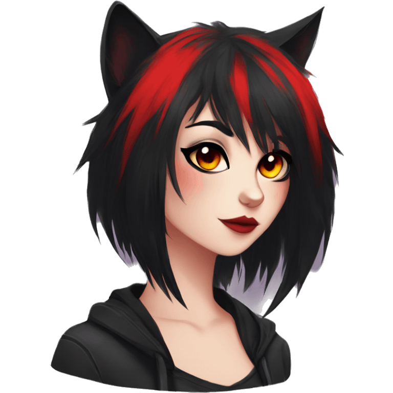 Anthro Edgy Cool Beautiful Black Cat-Fursona with Emo Hair-bangs with Red Streaks emoji