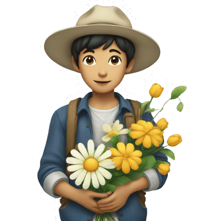 artful dodger white asian boy holds various flowers emoji