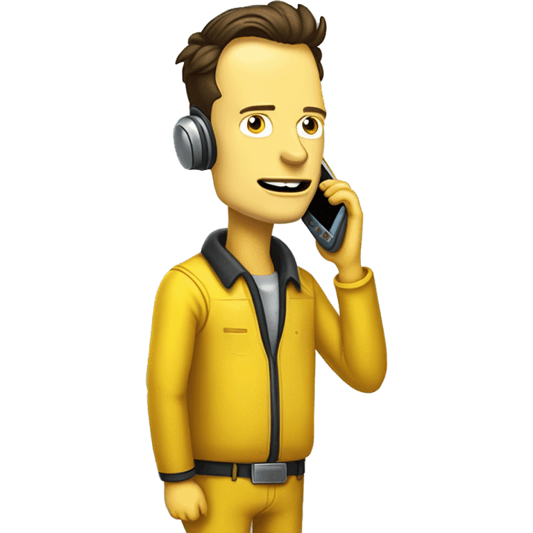 Elon musk in simpson style dressed as camrom yellow outfit making a phone call on a flip phon  emoji