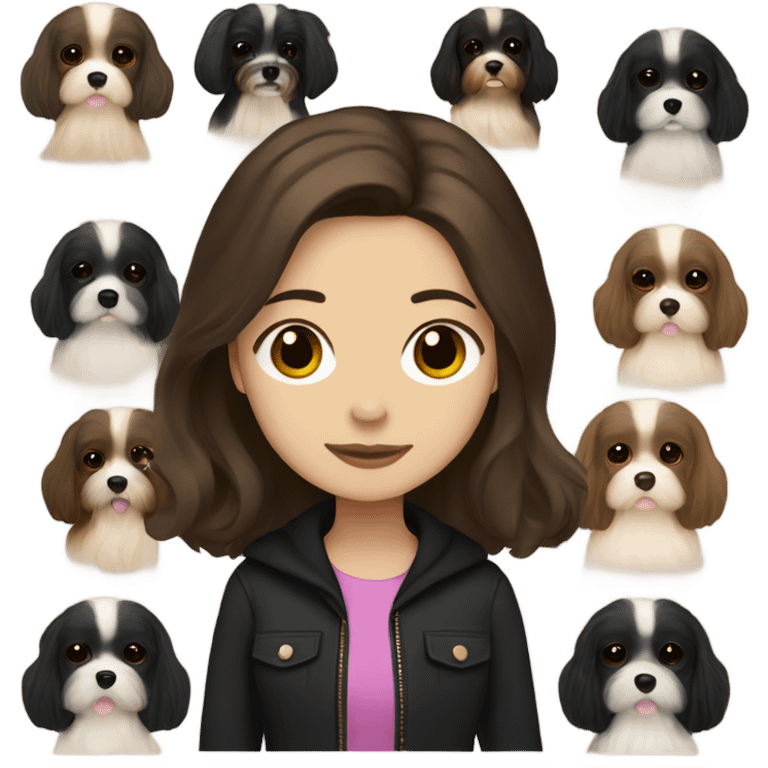 Girl with long brown hair with her black and beige havanese. Mostly black hair emoji