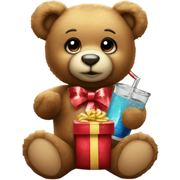 teddy bear holding sparkle gift and a shot glass emoji