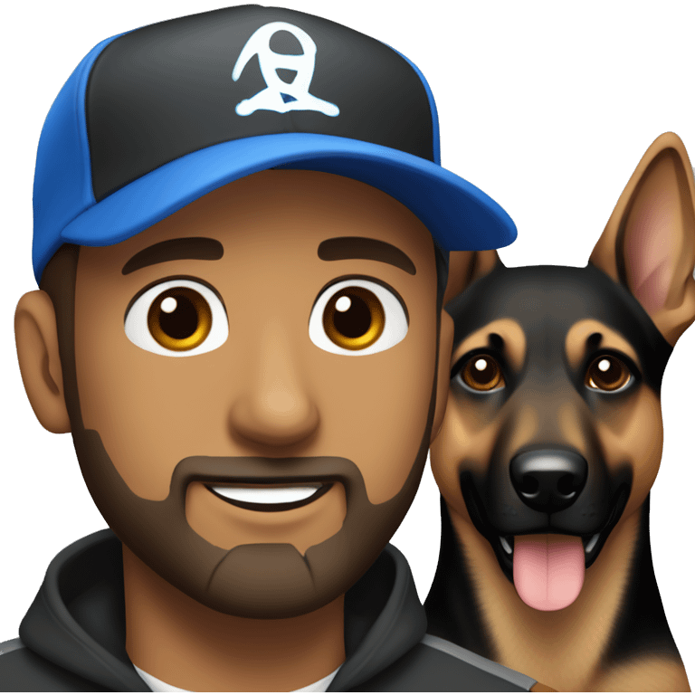 white male with blue eyes, a black beard and a baseball hat alongside a black and brown german shepherd  emoji