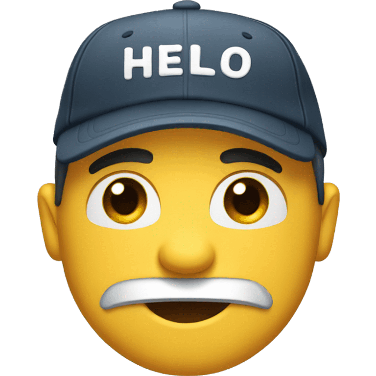 create smile emoji with wear cap. on cap write text hello dude emoji