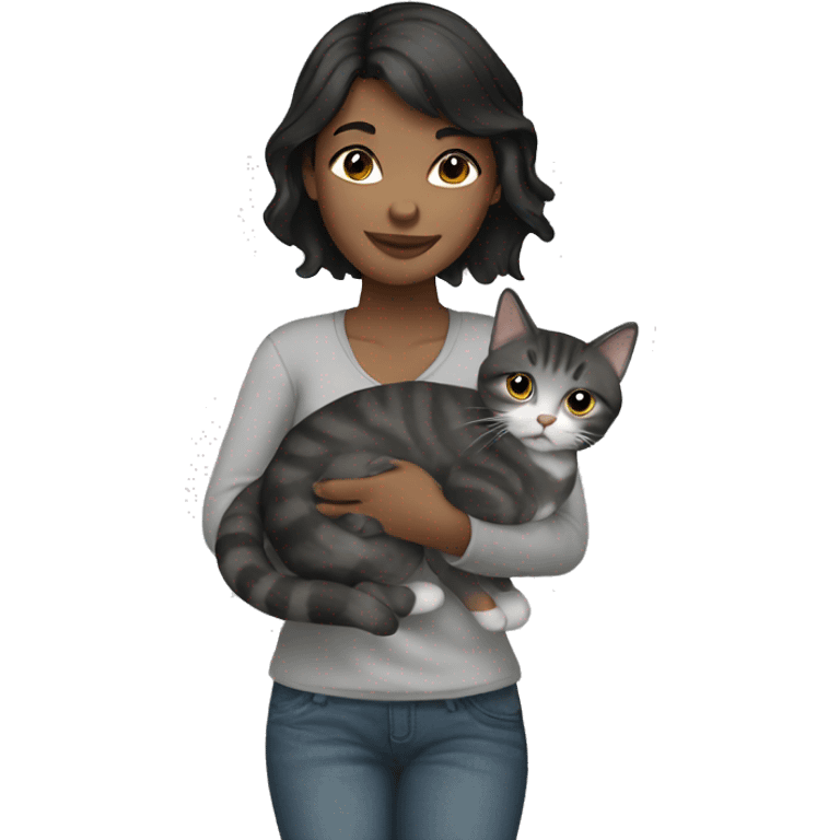 Black haired girl holding a gray tabby cat emoji