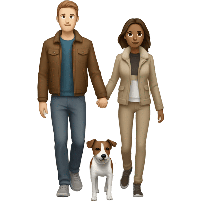 Couple with brown hair and beige jackets and brown pants holding hands on a late night walk with a jack russell terrier emoji