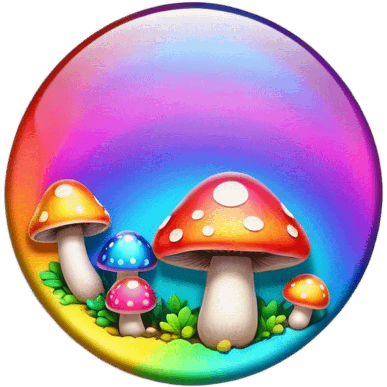 A round psychedelic colored button with bezeled edges and rainbow colored mushrooms emoji