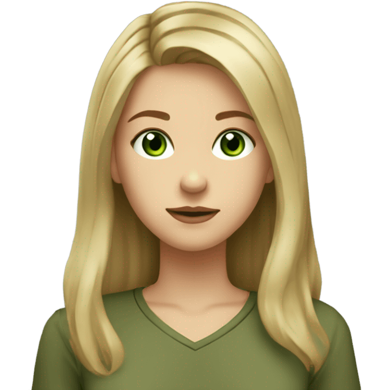 pretty teenage girl with long dirty blonde hair parted in the middle, green eyes, and wearing an olive green shirt emoji