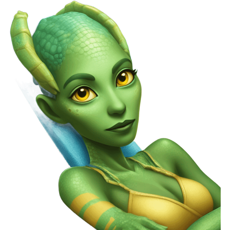 a Reptilian alien woman laying on the beach emoji