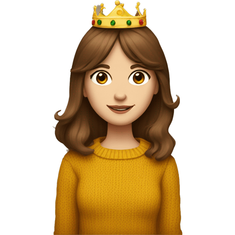 brown haired girl White English woman with long brown hair and face framing layered bangs dressed in a mustard yellow sweater with birthday crown and negroni in hand emoji