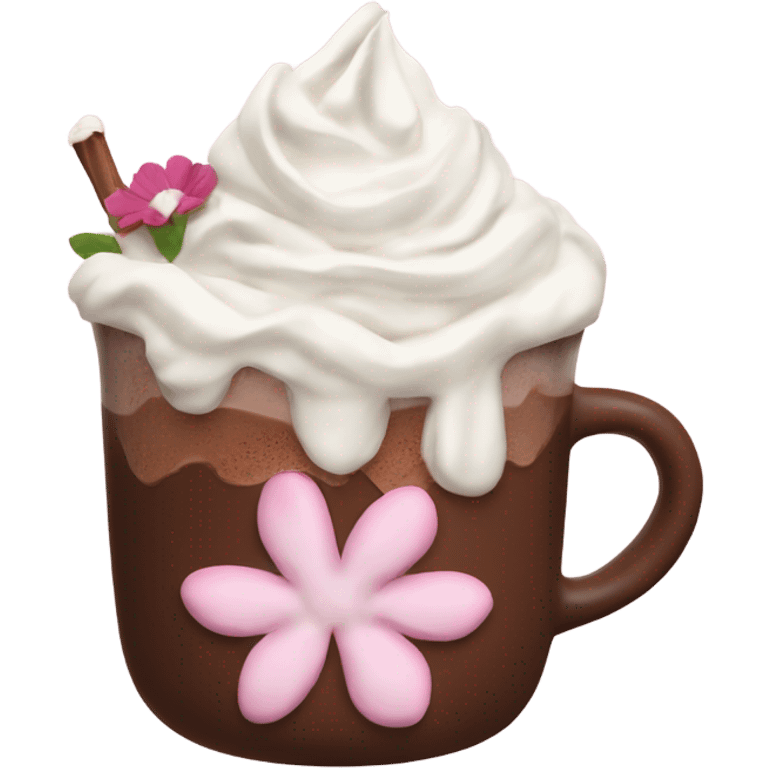 Hot chocolate with pale pink flower and whipped cream emoji