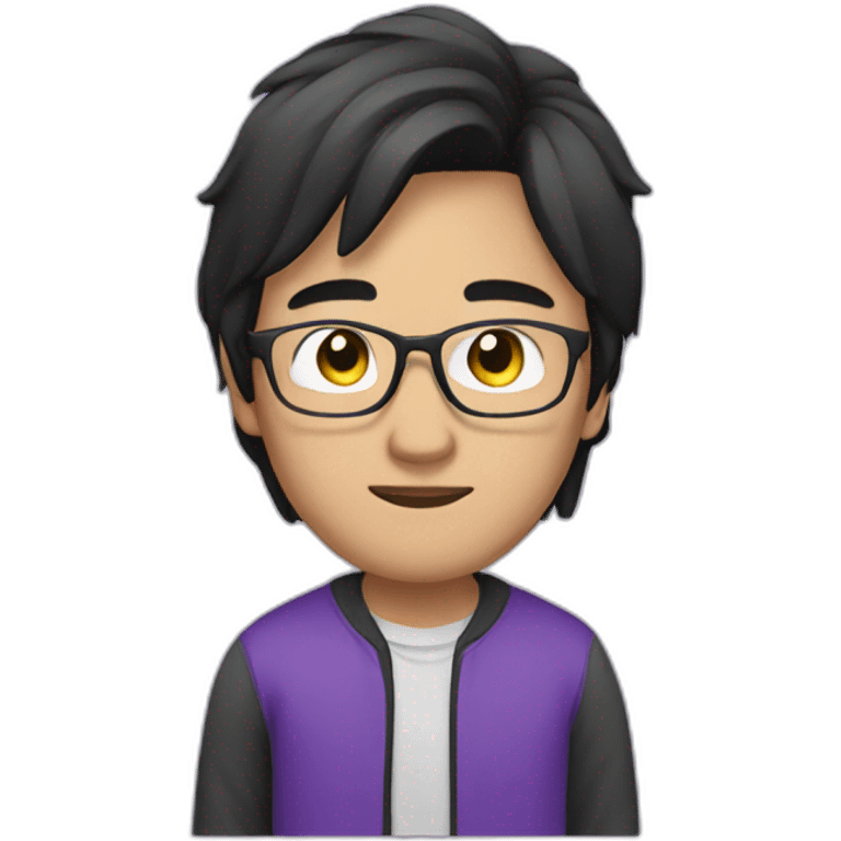 an asian guy with long black hair. Wearing glasses and a purple sweat emoji