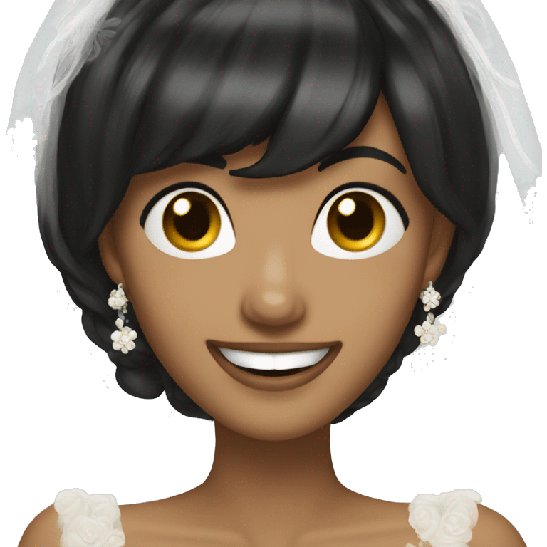 bride with dark bob bangs and laughing emoji