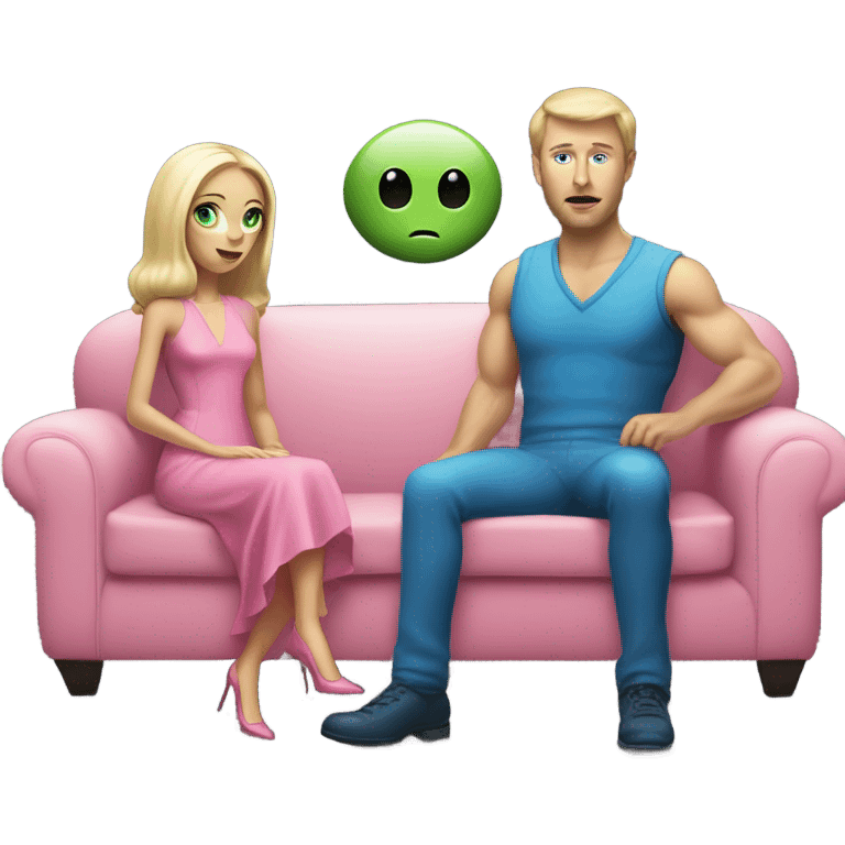 light green skin alien blonde woman in pink dress , and caucasian man in blue dress sitting on a white couch  emoji