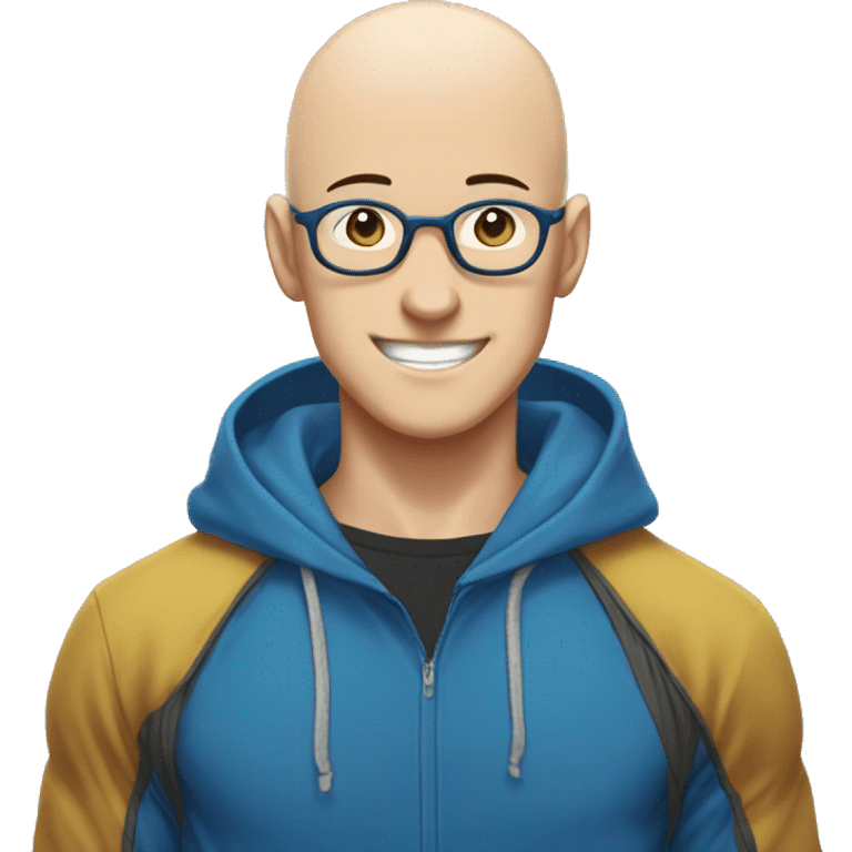 bald saitama in his 20s smiling wearing glasses and blue hoodie emoji