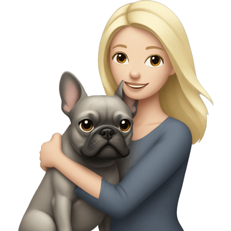 Blonde woman hugging dark gray french bulldog emoji