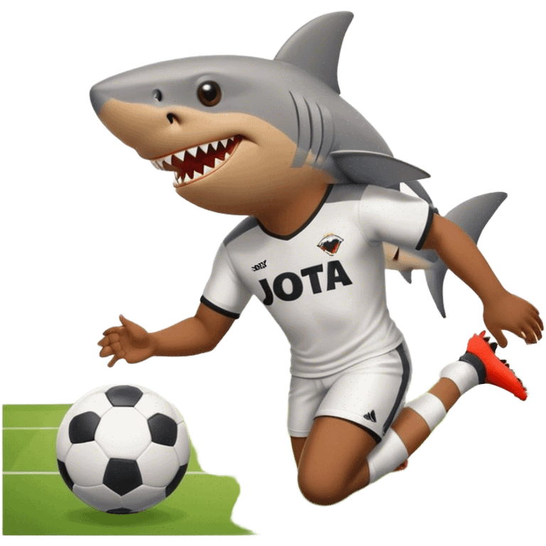 a shark wear a football shirt with the name jota and while scoring a goal in soccer emoji