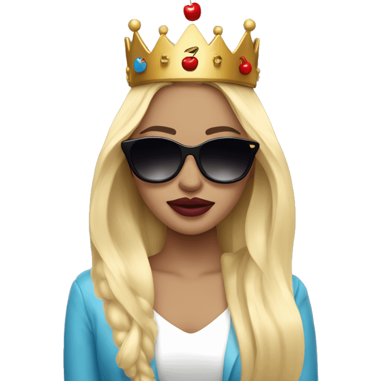 girl long blonde hair blue eyes and cherry lipstick wearing a crown and black sunglasses that cover her eyes emoji