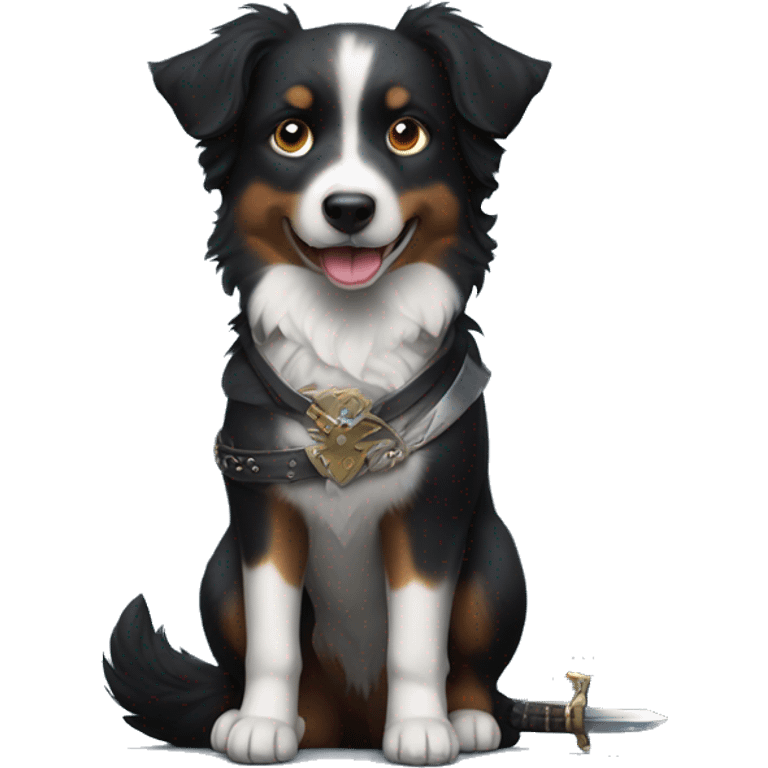 Small black australian shepherd dog with a sword emoji