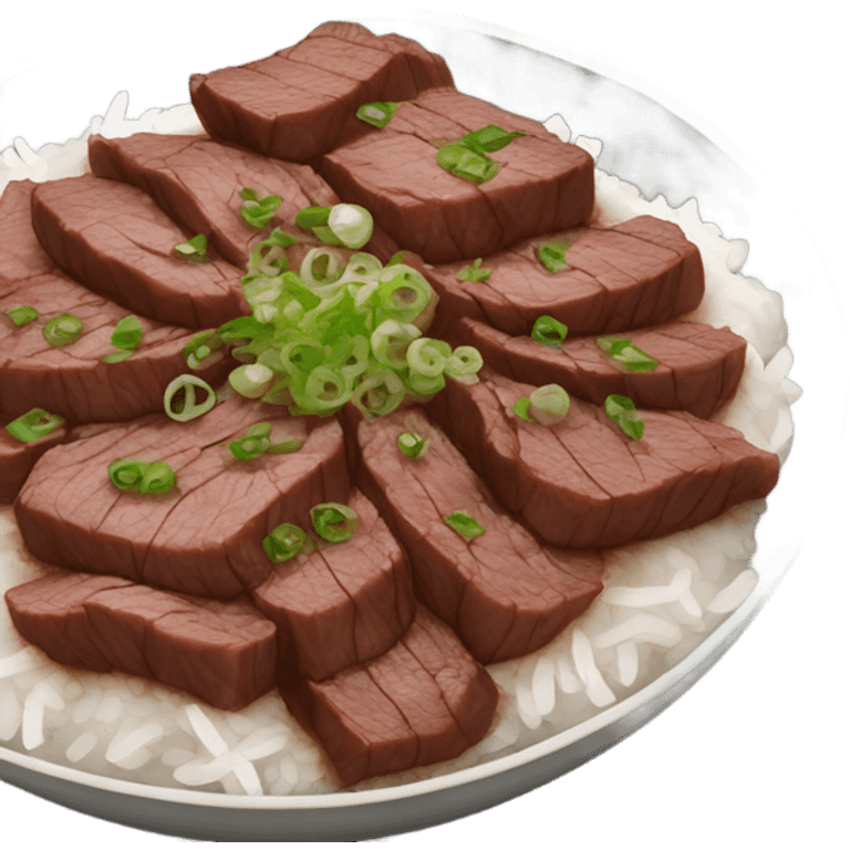 Bulgogi thin sliced beef Korean dish with white rice and onion slices, with green onion on top  emoji