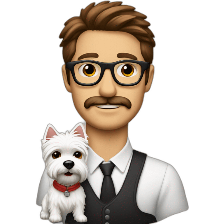 Hombre con gafas con montura roja con un perro westie emoji