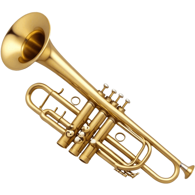 Create a sleek and professional emoji representing a Stomvi trumpet. The design should showcase the shiny, polished brass body of the trumpet with its distinct bell, valves, and tuning slides. Highlight the intricate keywork and the valve pistons, with detailed metallic accents and subtle reflections on the surface. The mouthpiece should be visible at the top of the instrument. Use golden and brass tones with light reflections to emphasize the smooth, high-quality finish. Add a few musical notes floating around the trumpet to evoke its bright and resonant sound. The background should be transparent. emoji