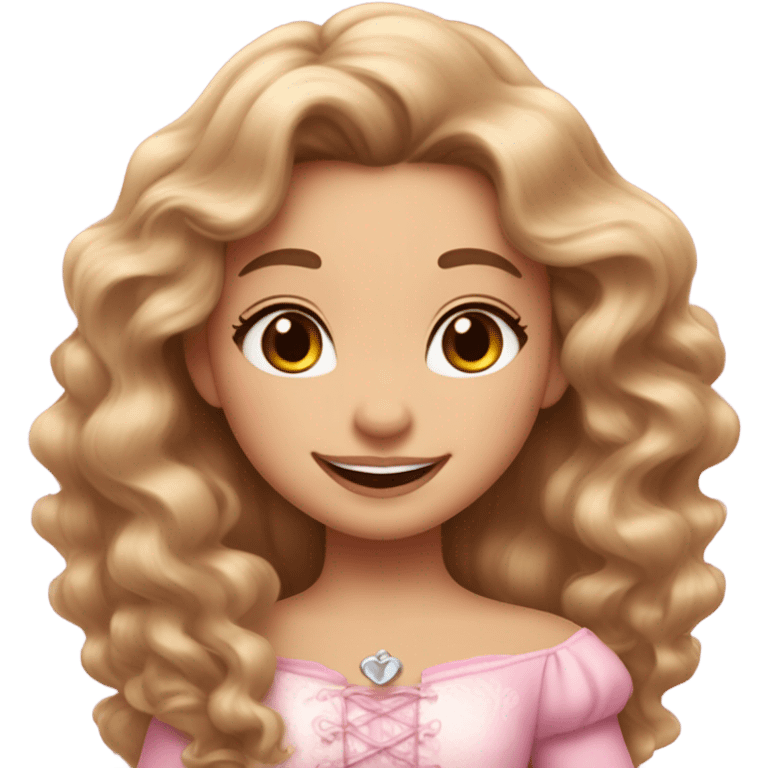 A girl’s face with cute pinkish makeup and brown long curly hair; look like Rapunzel in Disney; white skin; peach pink lips; pink blush; smiley cute face￼  emoji