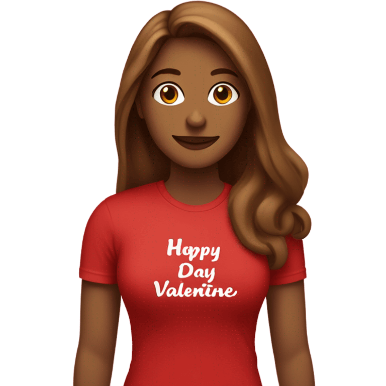 Light brown woman with long brown  hair with a red happy Valentine’s Day t-shirt emoji