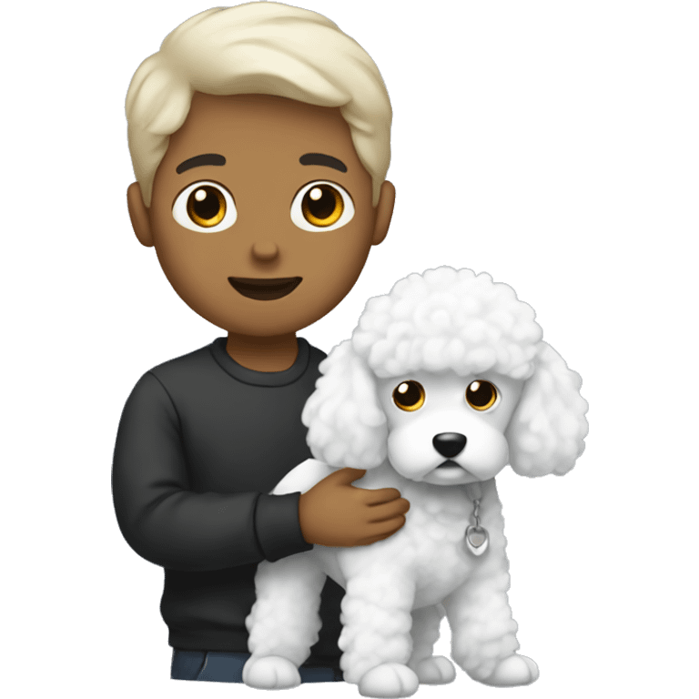 A white black haired boy holding a poodle emoji