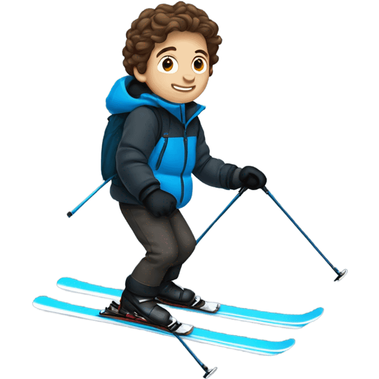 1 white Boy with wavy brown hair skiing with blue skis. He is wearing all black snow pants and a gray jacket   emoji