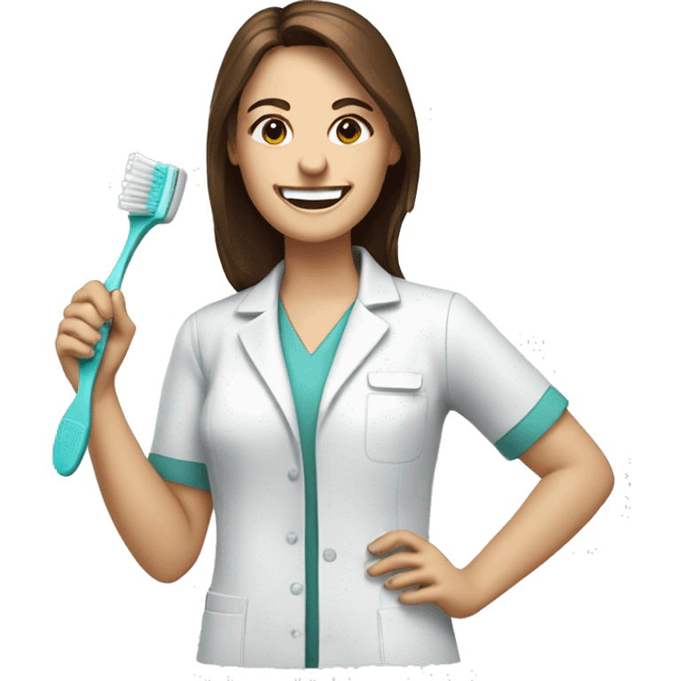 Woman dentist brown hair holding toothbrush smiling wide  emoji