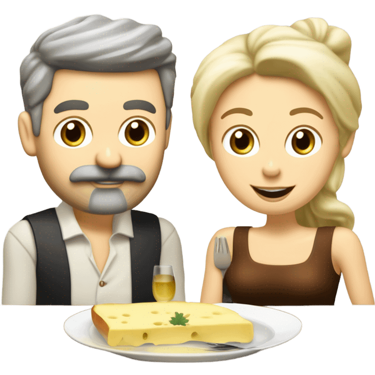 Repas raclette et deux verres de vin blanc en couple 50 ans, femme blonde cheveux aux-dessus des épaules homme petite barbe et moustache grisonnantes et cheveux bruns grisonnant  emoji