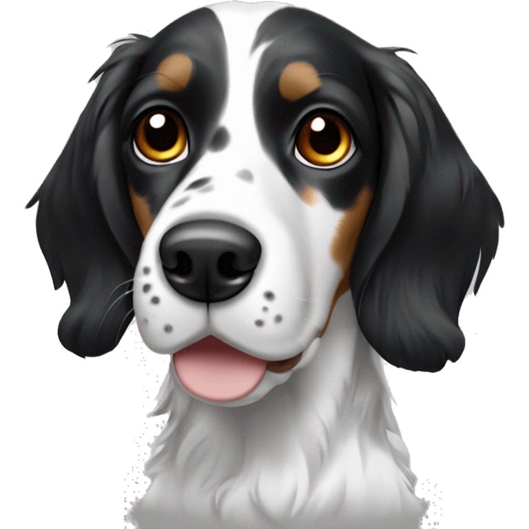 English Setter face, brown eyes, black face and ears, white patch on right cheek, white patch on top of head, ONLY BLACK AND WHITE emoji