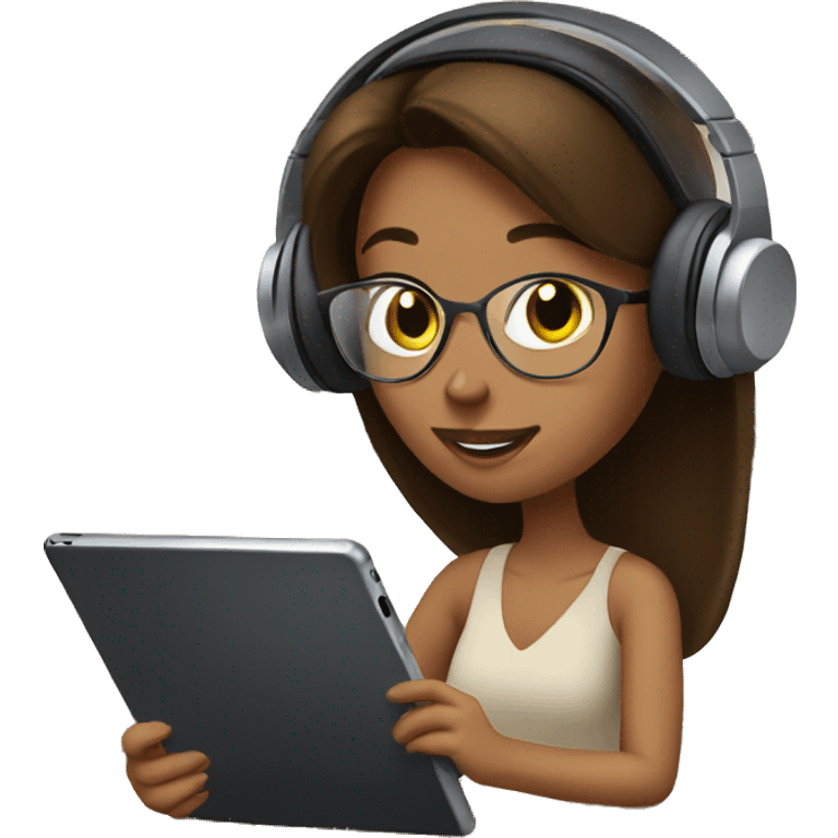 Brunette Female with headphones Studying in library looking at iPad  emoji