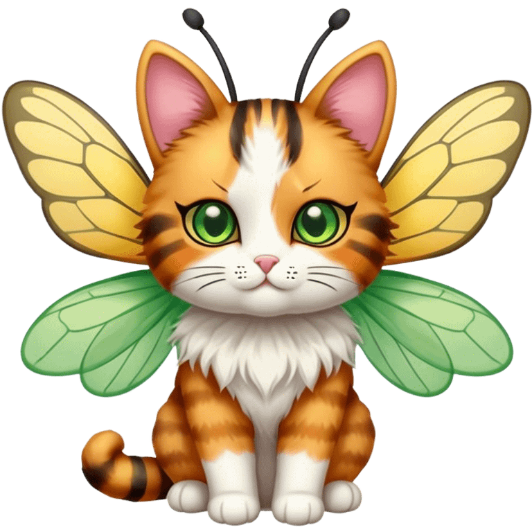 Calico Cat fluffy doll face full body with bee wings antennae green eyes emoji