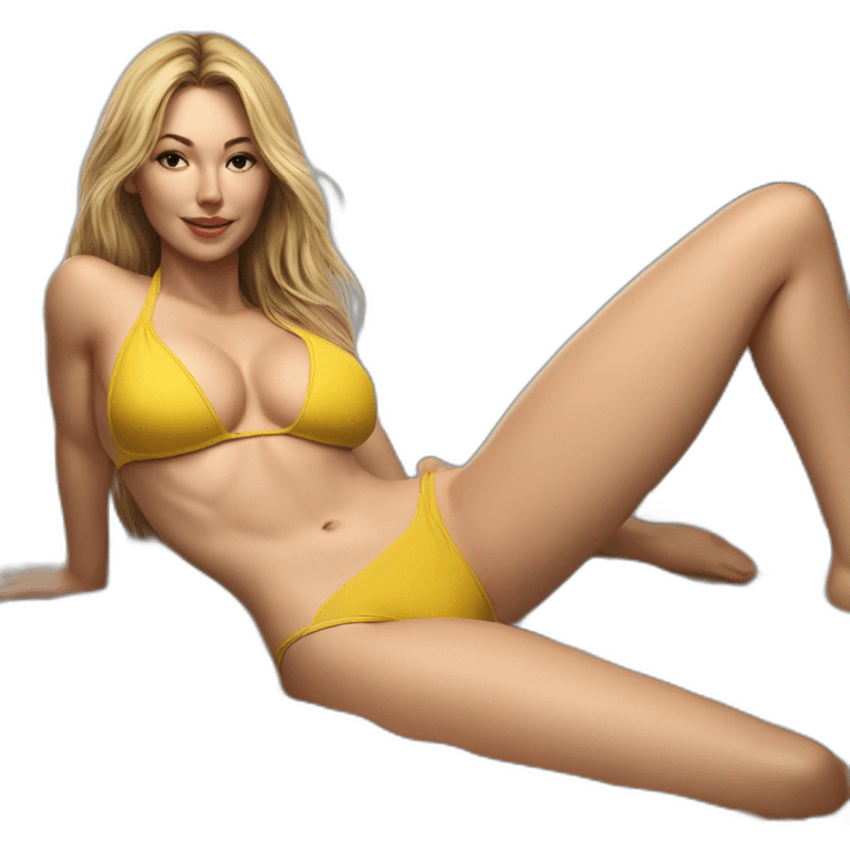 Sexy pose soft-fit Caucasian woman yellow bikini (beach body) bed realistic emoji