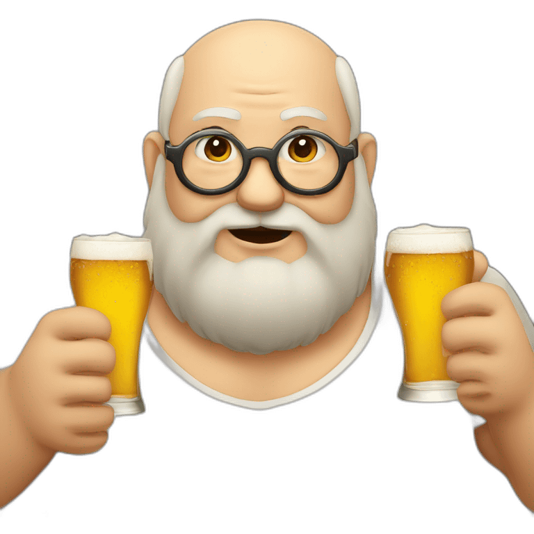 fat old man with beard and without hair, using eye glass, drinking beer emoji