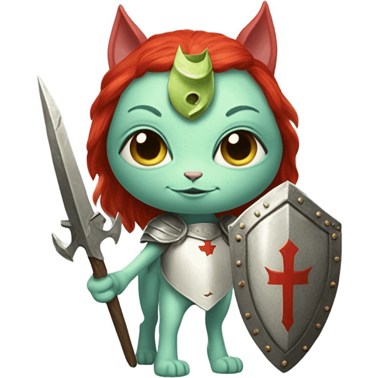 medieval shield: [politically incorrect, (
	{ female, alien, color: light green, hair:red, eyes:cat} ]
	on a 
	[{ unicorn: white, legged:four, mane: light blue }]) emoji