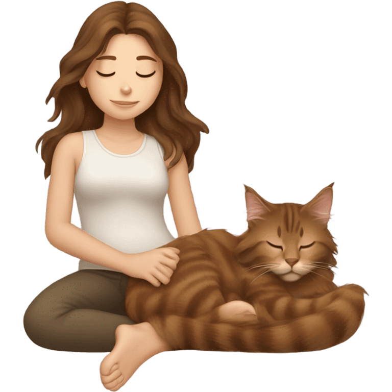 Brown-haired girl sleeping with her brown maine coon cat  emoji