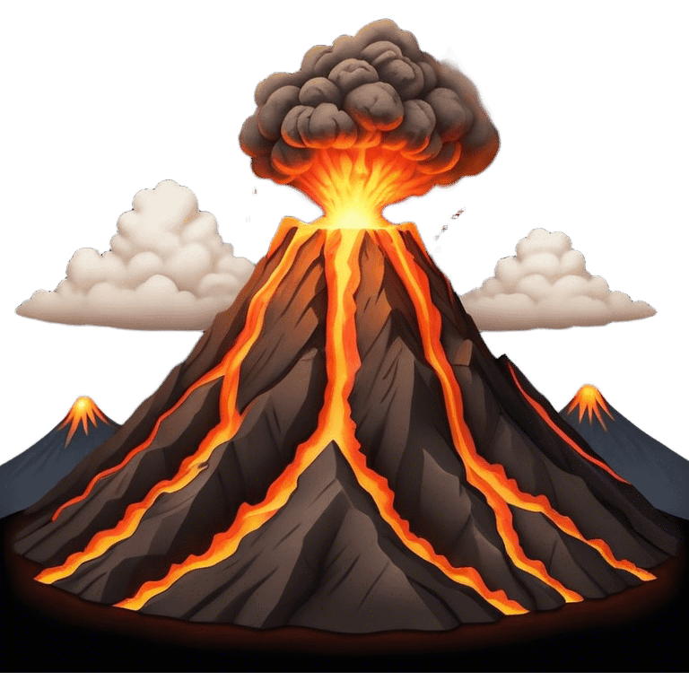 Cinematic Realistic Volcano Emoji, Powerful and awe-inspiring, with molten lava flowing from its jagged, smoking peak, casting an orange glow in the surrounding darkness. The landscape around it is barren and rocky, with clouds of ash rising into the sky. Soft glowing outline, capturing the essence of raw power and fiery energy in a towering volcano. emoji