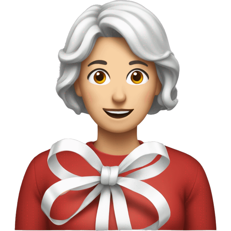 Middle aged woman learning how to tie a Christmas bow emoji