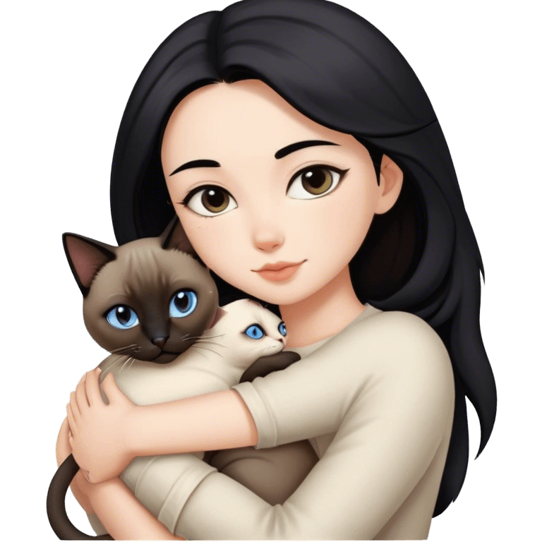 Brunette girl with black hair hugging a Siamese cat emoji