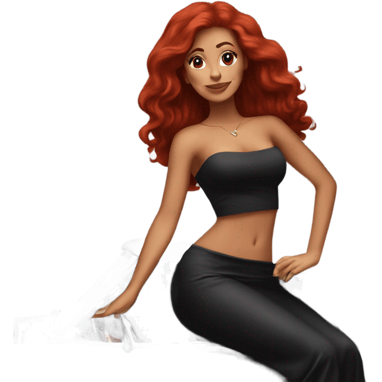 Very fit Latina with long red hair a black mini skirt and black tube top sitting on a classic car emoji