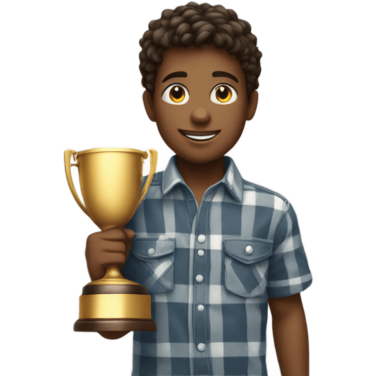 smiling boy in plaid shirt trophy emoji