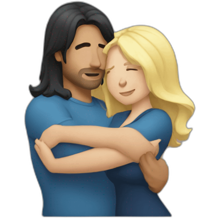 Man with long dark hair hugging a blonde curvy woman emoji