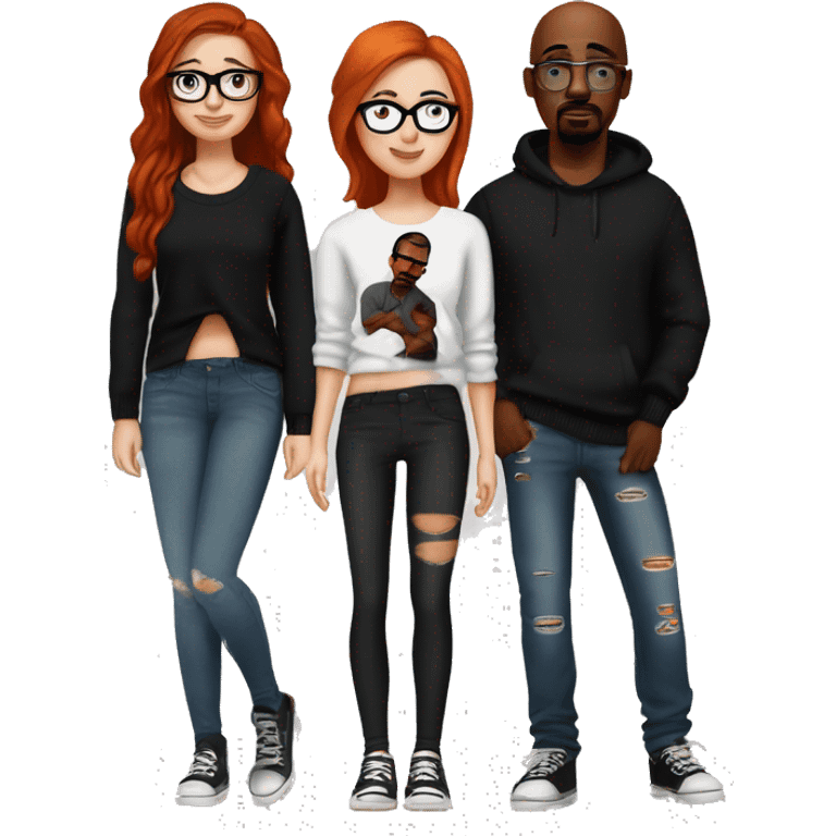 redhead girl with glasses wearing a cute sweater and black leggings, dark brown haired girl wearing black leggings and a cute sweater, bald guy wearing a beanie and ripped jeans with a 2pac shirt emoji