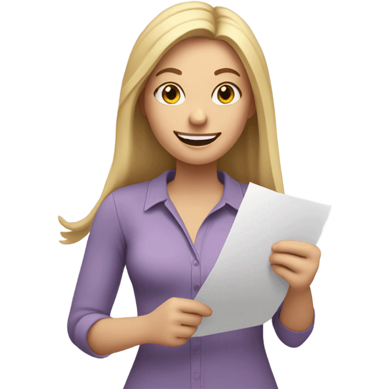 White woman with long blonde hair, wearing a lavender shirt, holding a completed to do list, celebrating  emoji