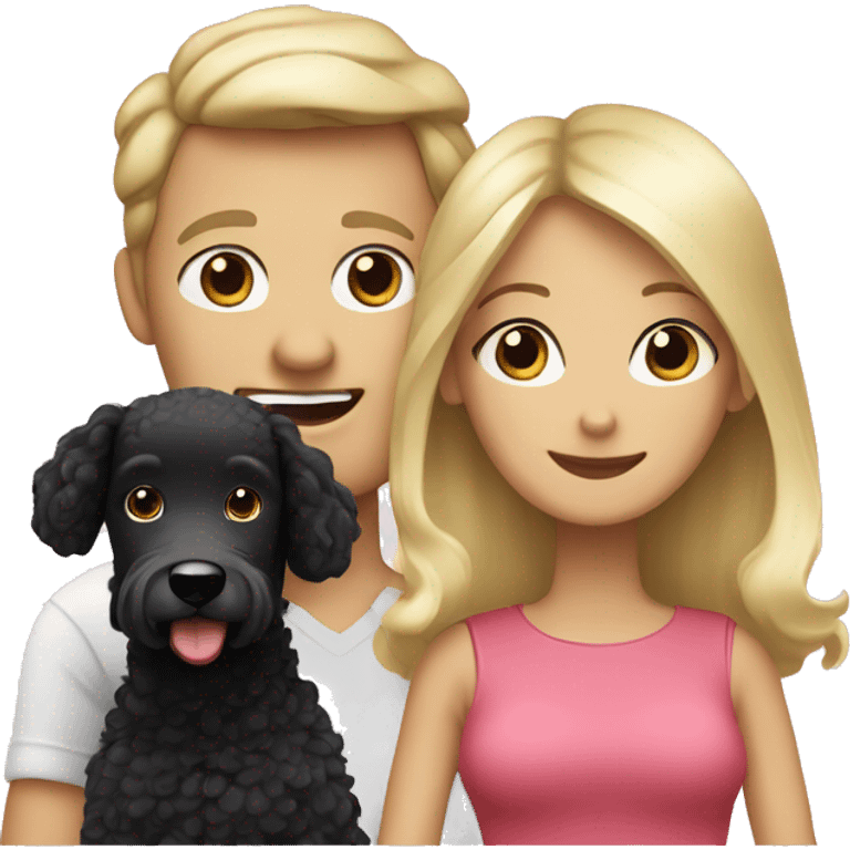 Blond mum, dad with dark hair and blond daughter with black poodle emoji